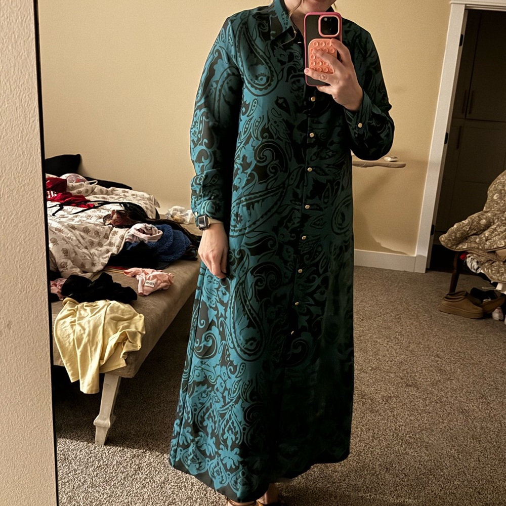 Zara Teal and Black Paisley Button-Front Maxi Dress